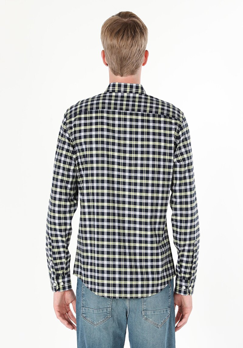 Slim Fit Shirt Neck Ekoseli Erkek Lacivert Uzun Kol Gömlek