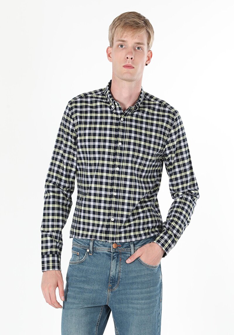 Slim Fit Shirt Neck Ekoseli Erkek Lacivert Uzun Kol Gömlek