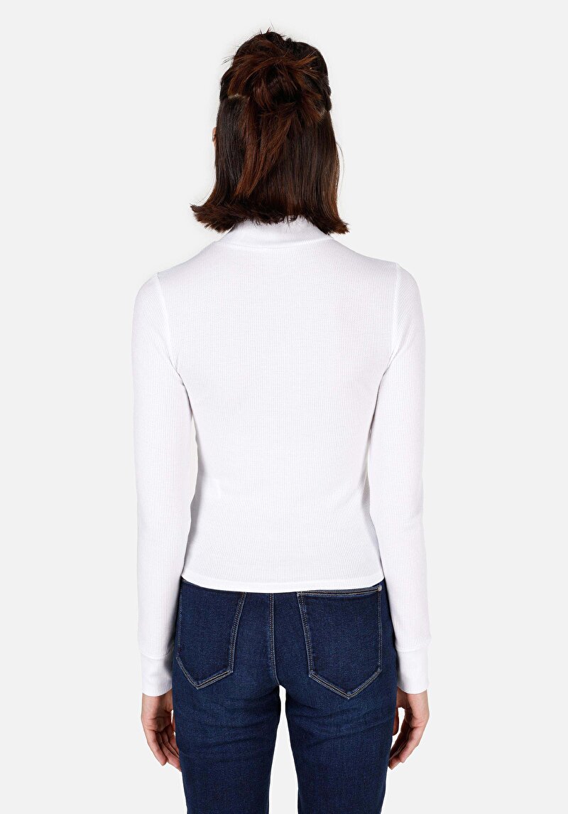 Slim Fit Dik Yaka Örme Düz Kadın Beyaz Uzun Kol Tişört