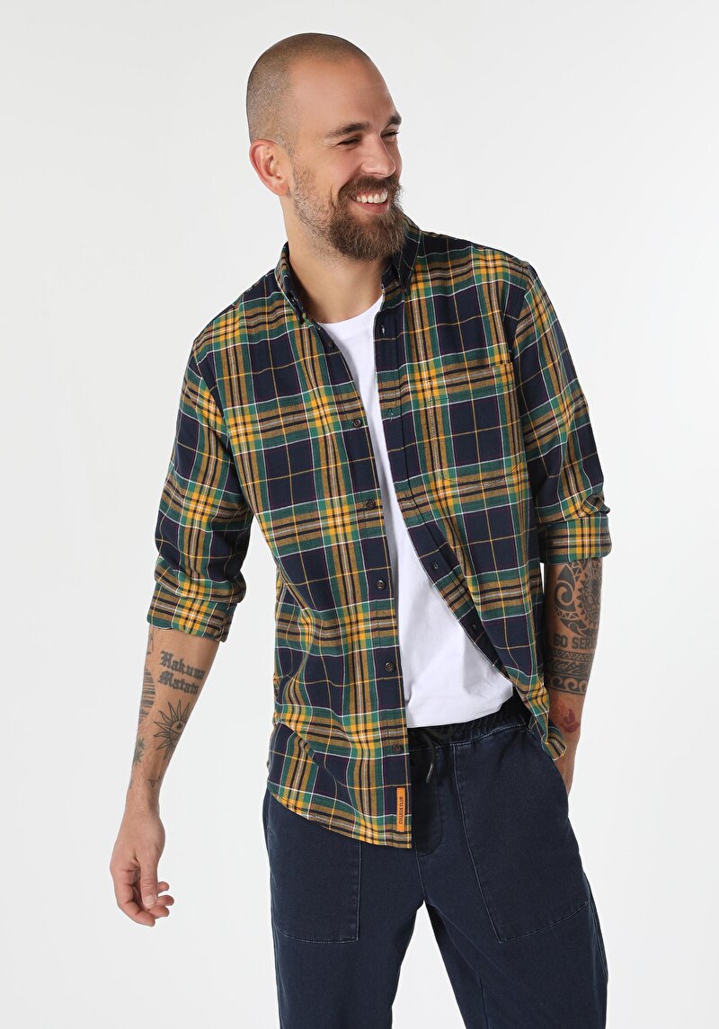 Regular Fit Shirt Neck Ekoseli Erkek Lacivert Uzun Kol Gömlek