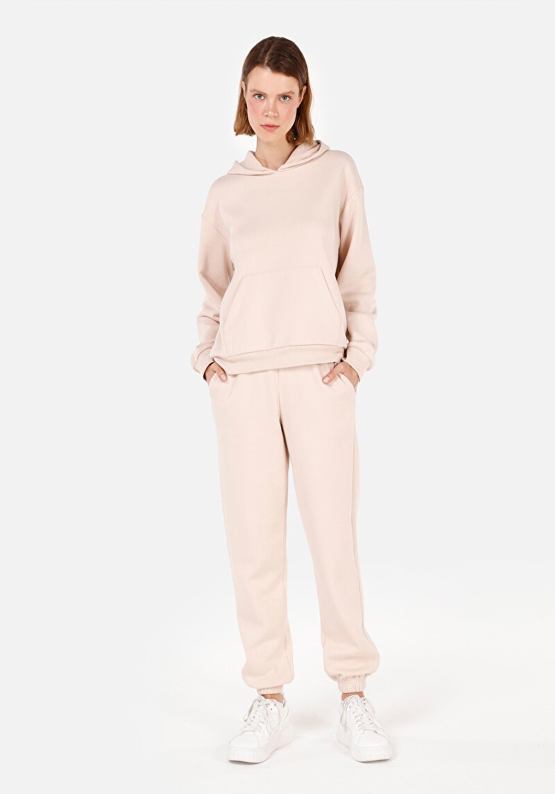 Regular Fit Orta Bel Düz Kadın Bej Eşofman Altı