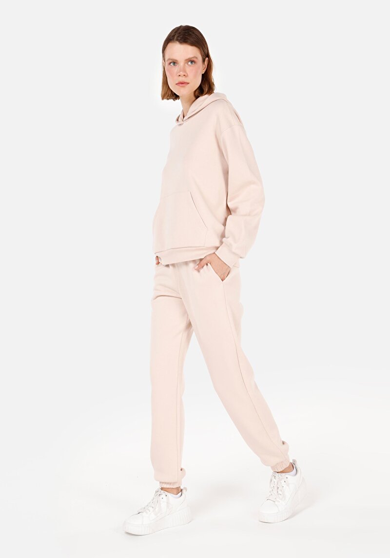 Regular Fit Orta Bel Düz Kadın Bej Eşofman Altı