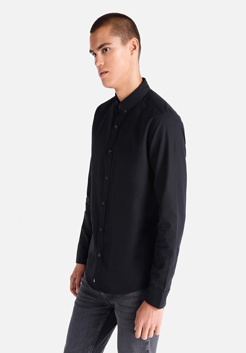 Slim Fit Shirt Neck Düz Cepsiz Erkek Siyah Uzun Kol Gömlek