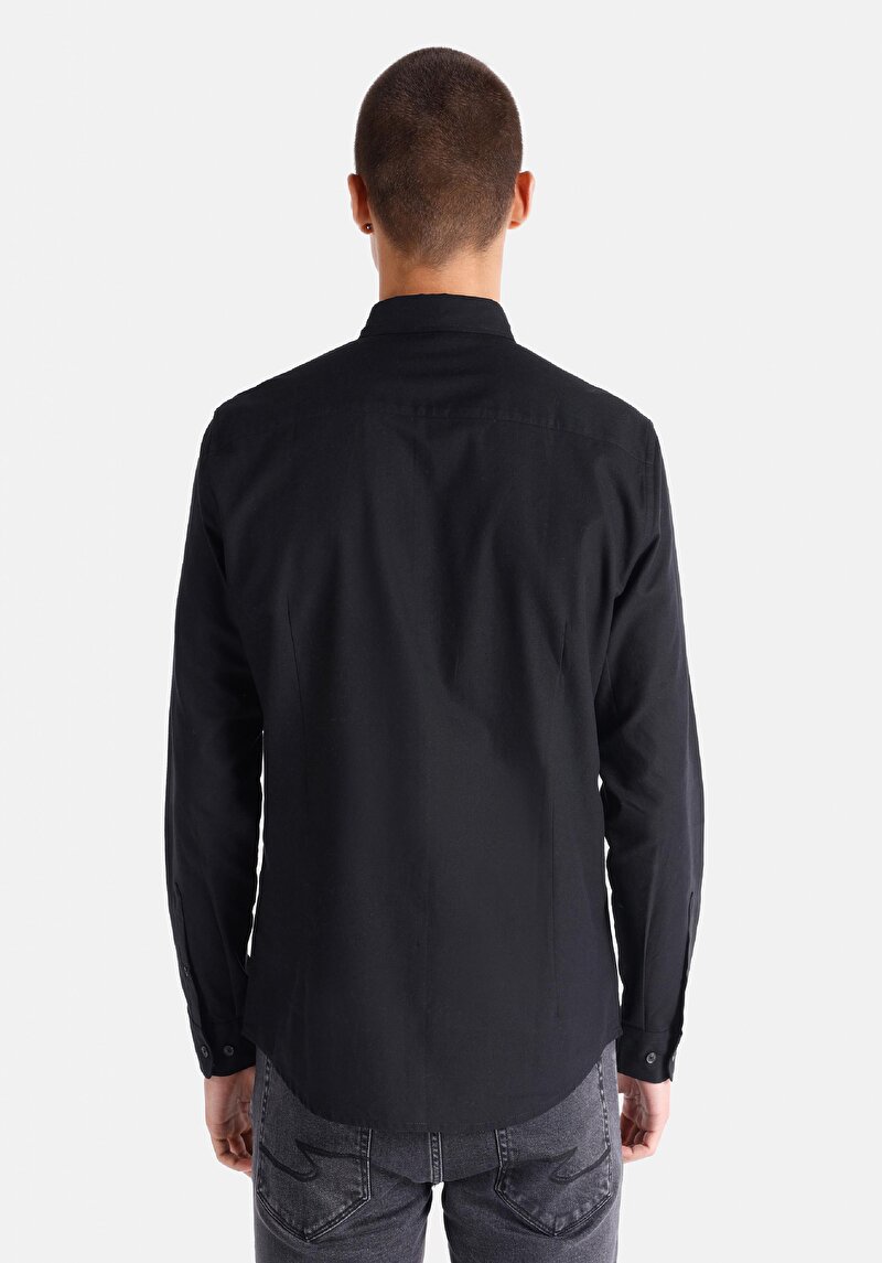 Slim Fit Shirt Neck Düz Cepsiz Erkek Siyah Uzun Kol Gömlek