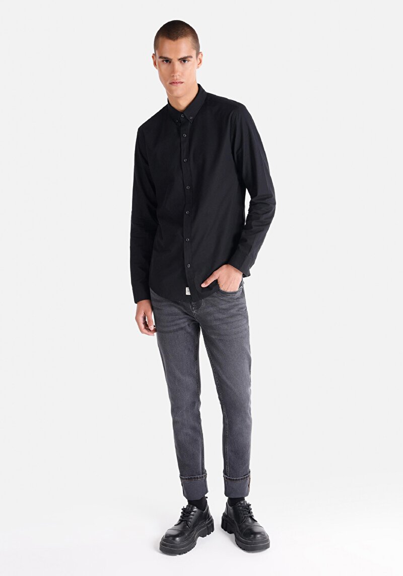 Slim Fit Shirt Neck Düz Cepsiz Erkek Siyah Uzun Kol Gömlek