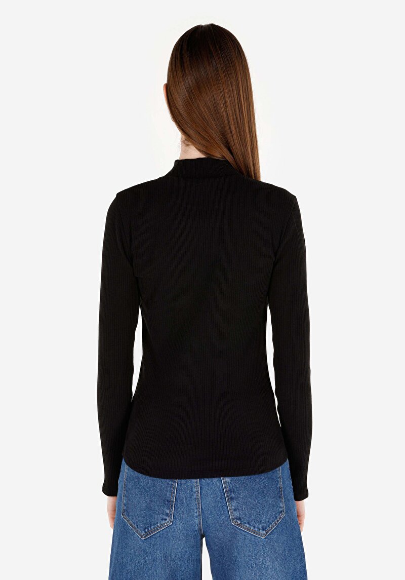 Slim Fit Dik Yaka Düz Kadın Siyah Uzun Kol Tişört