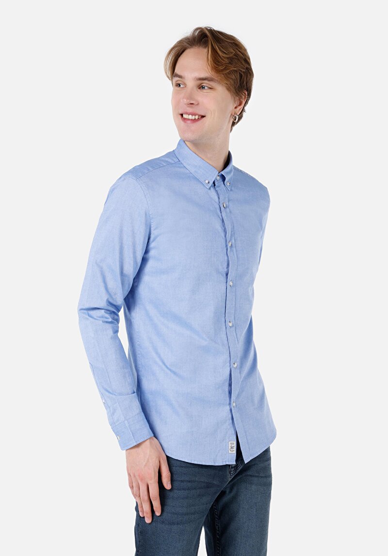 Slim Fit Shirt Neck Düz Erkek Mavi Uzun Kol Gömlek