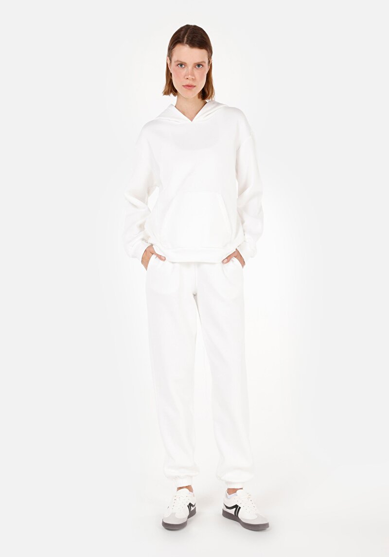 Regular Fit Orta Bel Düz Kadın Beyaz Eşofman Altı