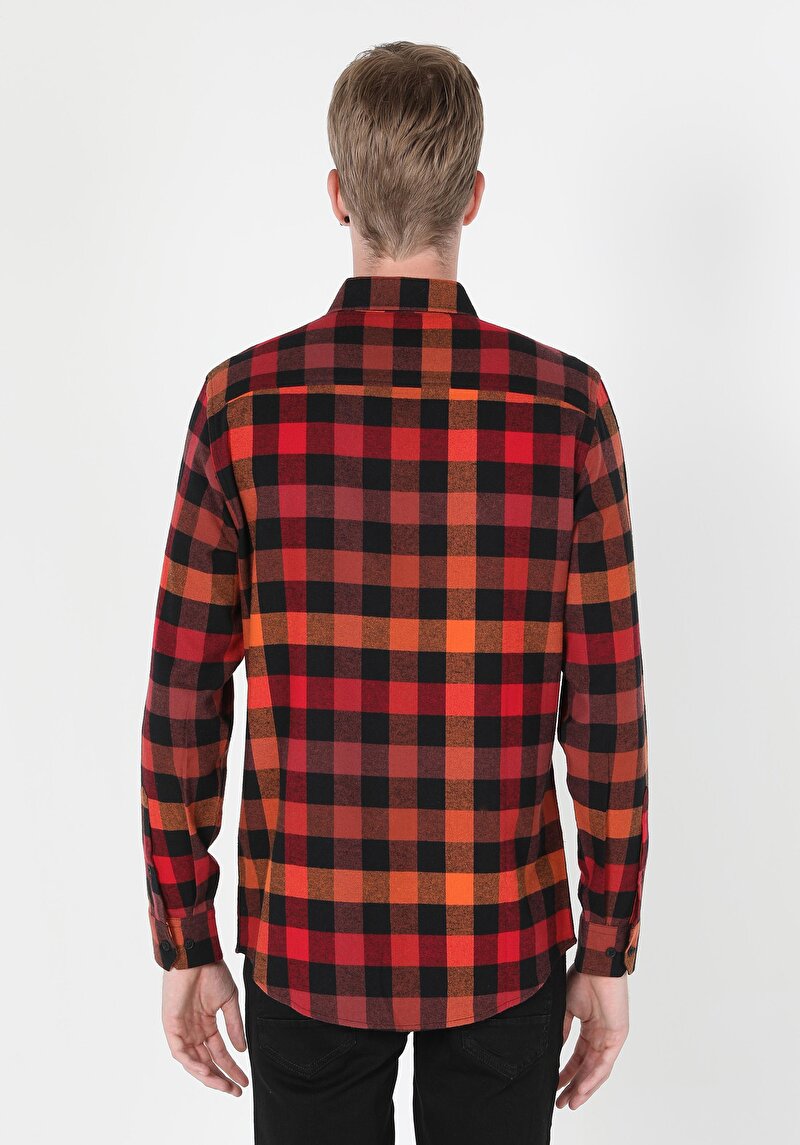 Regular Fit Shirt Neck Ekoseli Erkek Kirmizi Uzun Kol Gömlek