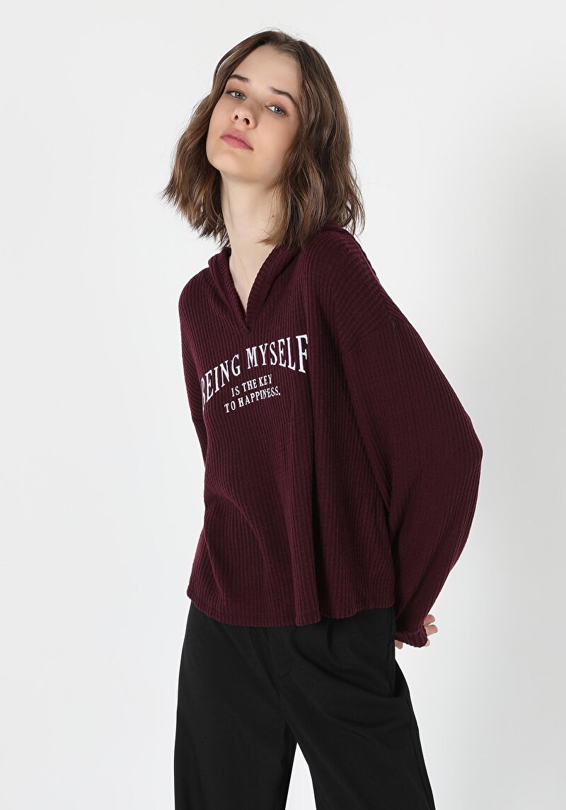 Regular Fit Kapüşonlu Baskılı Kadın Bordo Uzun Kol Tişört
