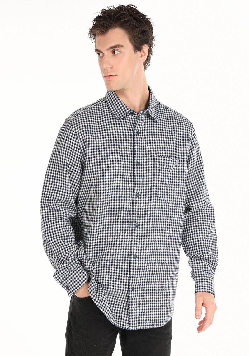 Comfort Fit Shirt Neck Kareli Erkek Lacivert Uzun Kol Gömlek
