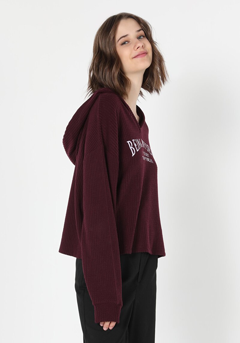Regular Fit Kapüşonlu Baskılı Kadın Bordo Uzun Kol Tişört