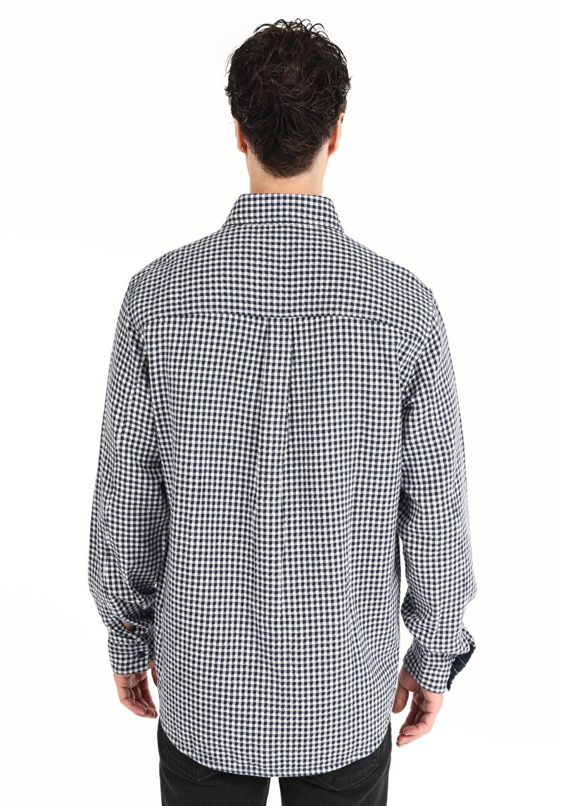 Comfort Fit Shirt Neck Kareli Erkek Lacivert Uzun Kol Gömlek
