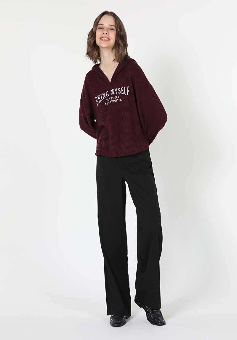 Regular Fit Kapüşonlu Baskılı Kadın Bordo Uzun Kol Tişört