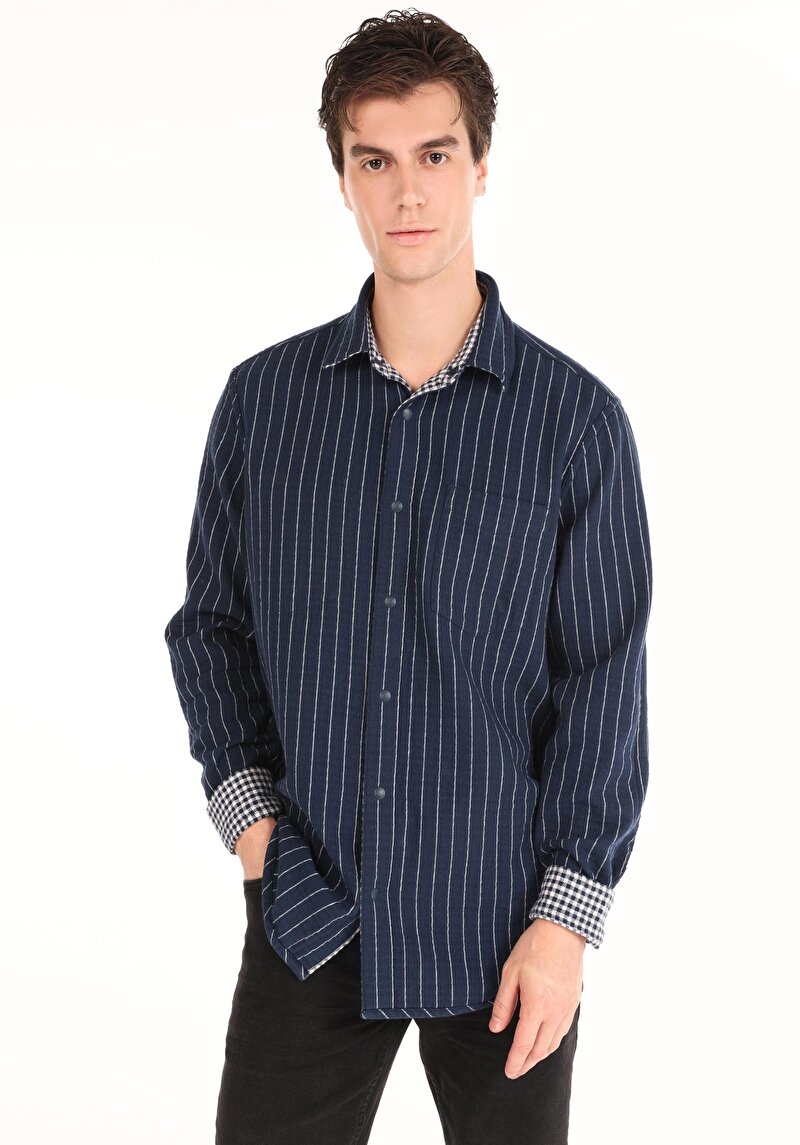 Comfort Fit Shirt Neck Kareli Erkek Lacivert Uzun Kol Gömlek