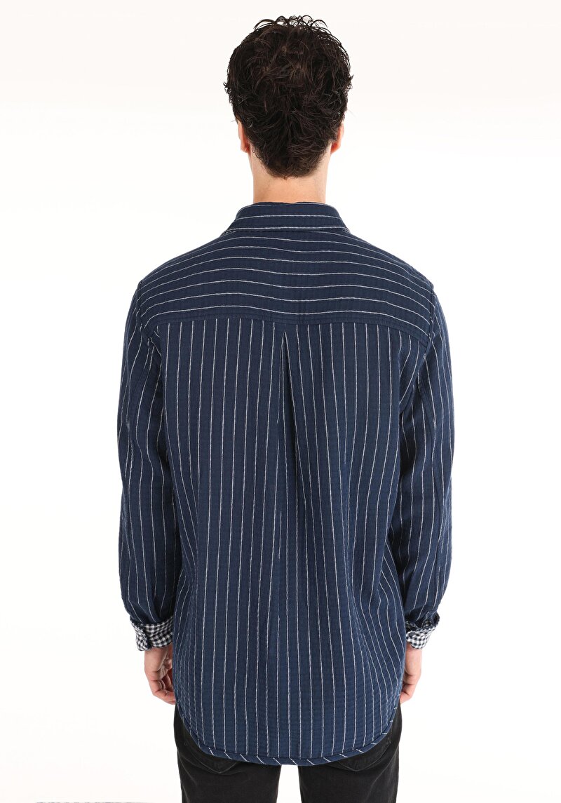 Comfort Fit Shirt Neck Kareli Erkek Lacivert Uzun Kol Gömlek