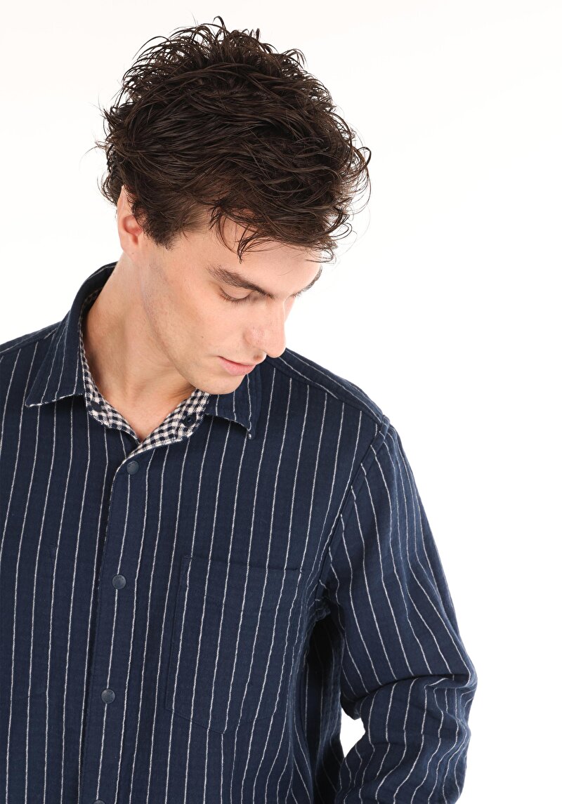 Comfort Fit Shirt Neck Kareli Erkek Lacivert Uzun Kol Gömlek