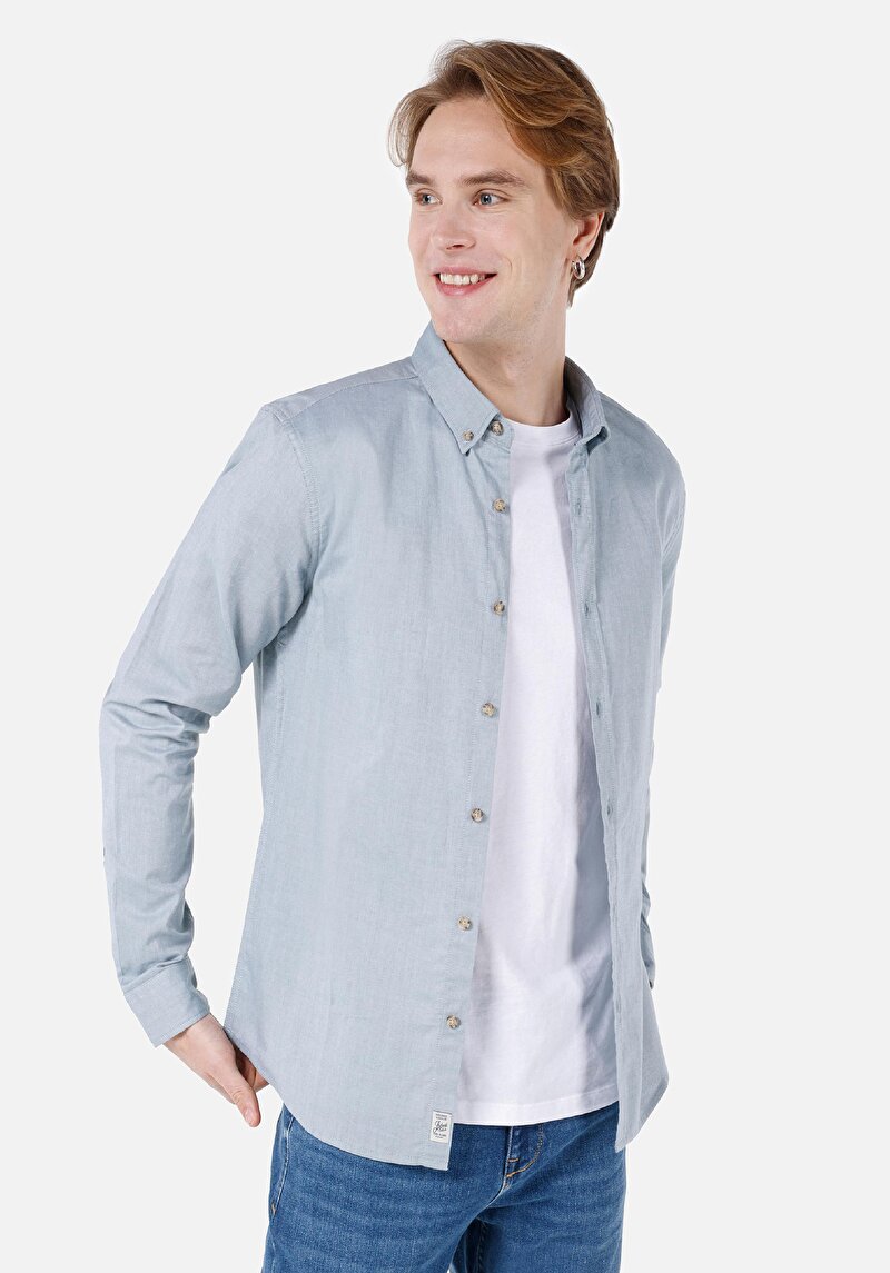 Slim Fit Shirt Neck Düz Erkek Yeşil Uzun Kol Gömlek