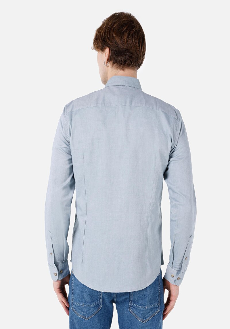 Slim Fit Shirt Neck Düz Erkek Yeşil Uzun Kol Gömlek