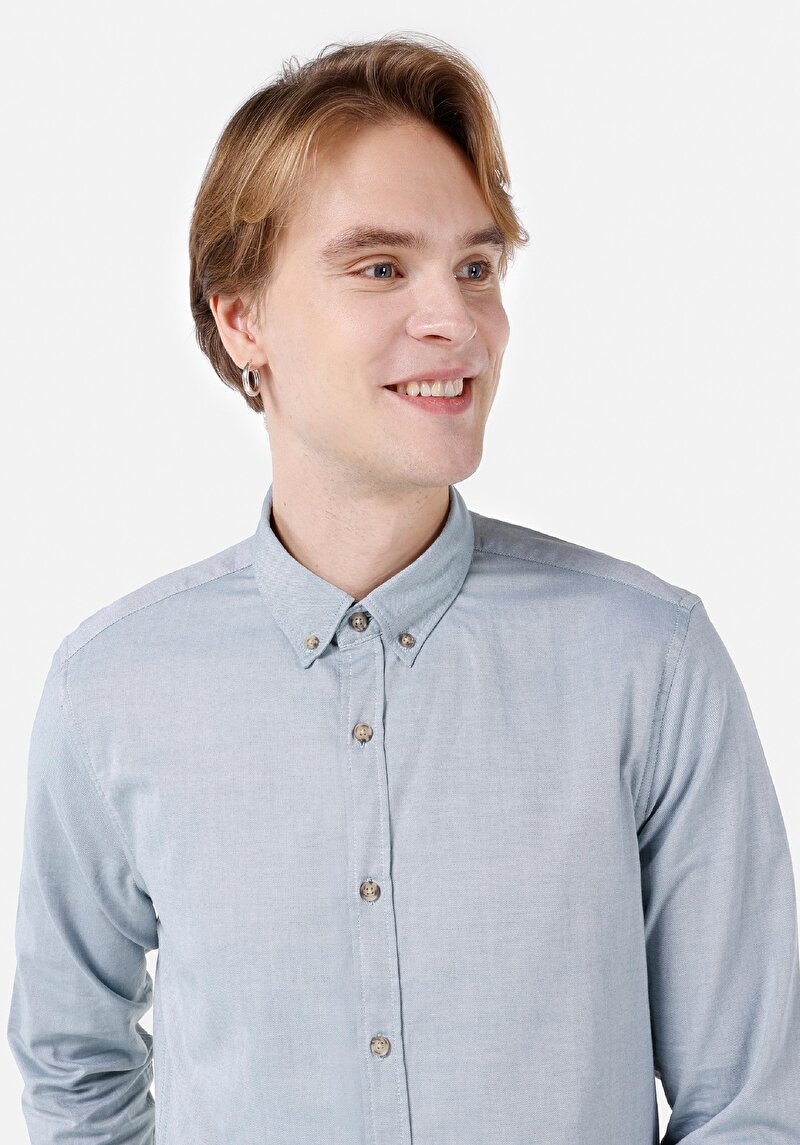 Slim Fit Shirt Neck Düz Erkek Yeşil Uzun Kol Gömlek