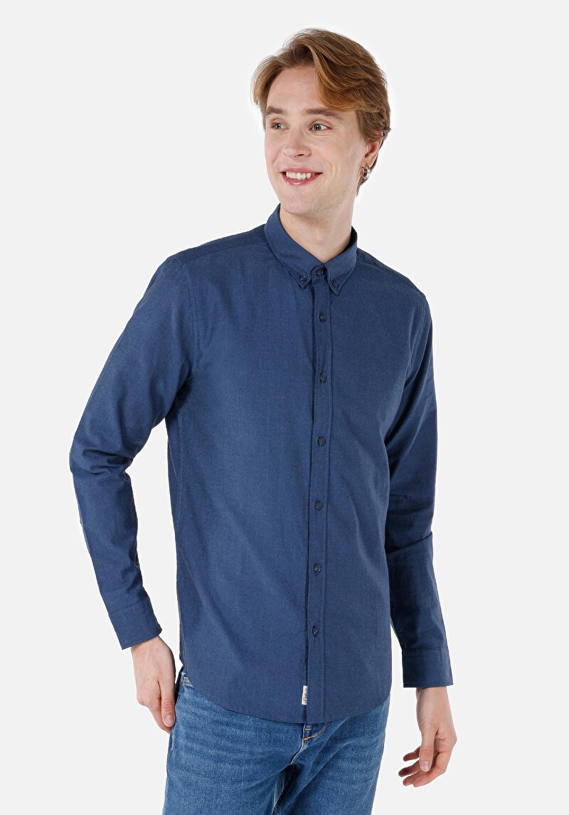Slim Fit Shirt Neck Düz Erkek Lacivert Uzun Kol Gömlek