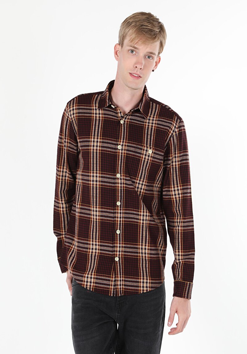 Regular Fit Shirt Neck Ekoseli Erkek Bordo Uzun Kol Gömlek