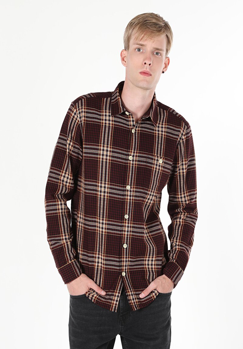 Regular Fit Shirt Neck Ekoseli Erkek Bordo Uzun Kol Gömlek