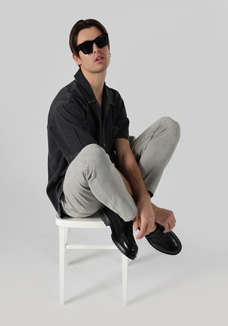 Oversize Fit Klasik Yaka Erkek Gri Kısa Kol Gömlek