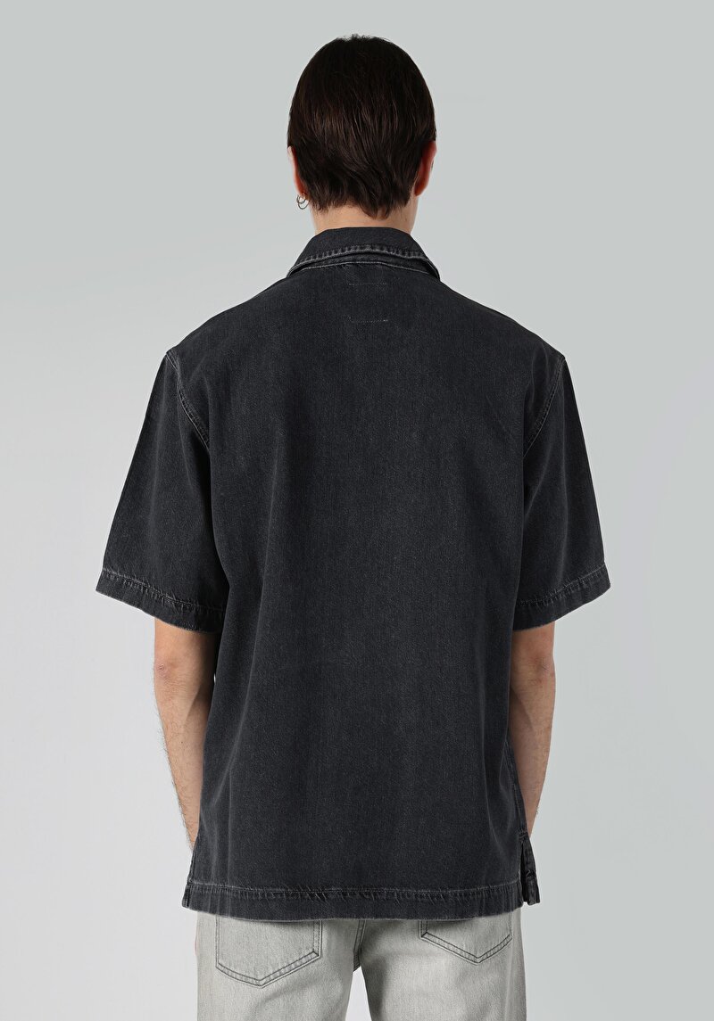 Oversize Fit Klasik Yaka Erkek Gri Kısa Kol Gömlek