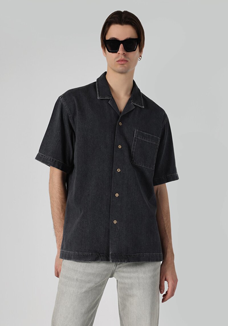 Oversize Fit Klasik Yaka Erkek Gri Kısa Kol Gömlek