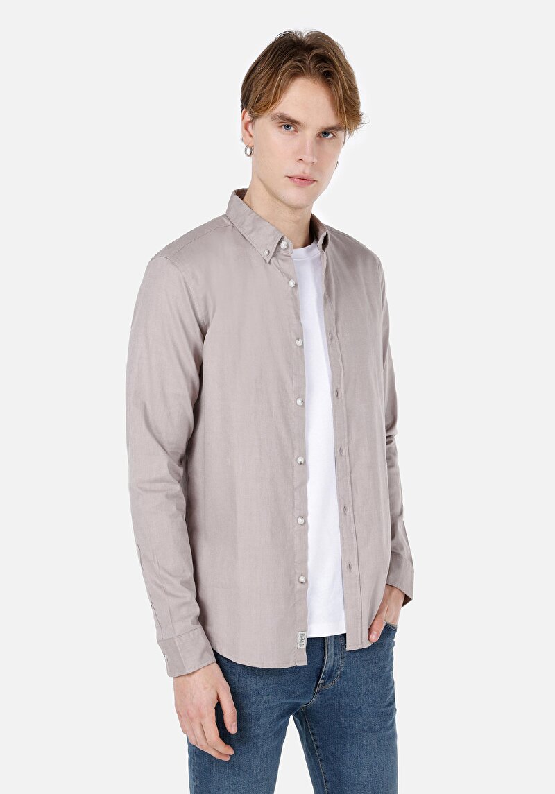 Slim Fit Shirt Neck Cepsiz Düz Erkek Bej Uzun Kol Gömlek
