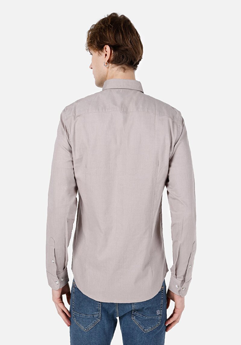 Slim Fit Shirt Neck Cepsiz Düz Erkek Bej Uzun Kol Gömlek