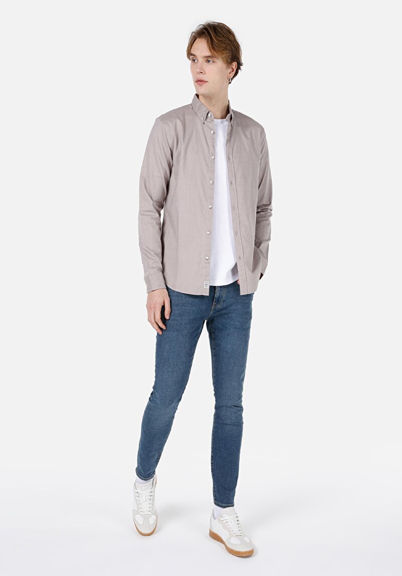 Slim Fit Shirt Neck Cepsiz Düz Erkek Bej Uzun Kol Gömlek