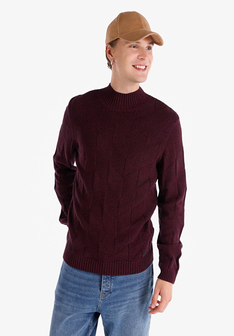 Slim Fit Turtle Neck Jakarlı Erkek Mor Kazak
