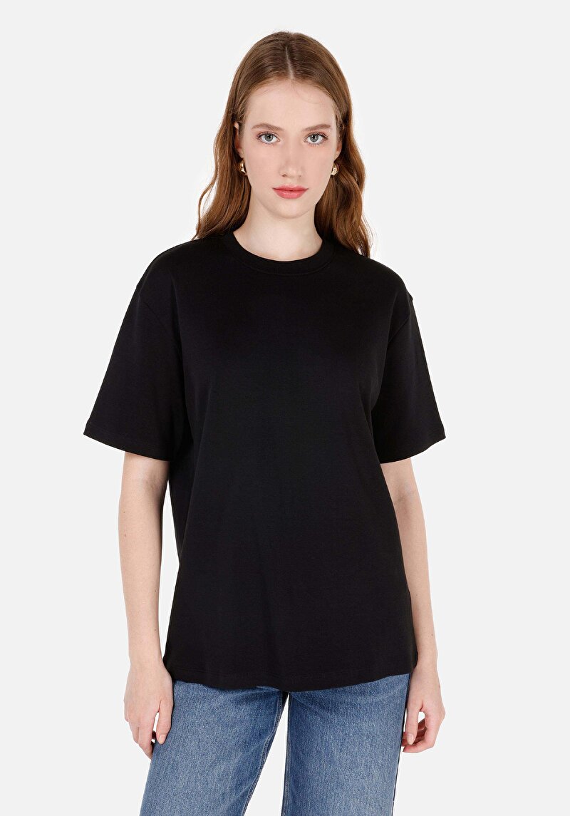 Regular Fit Yuvarlak Yaka Düz Kadın Siyah Kısa Kol Tişört