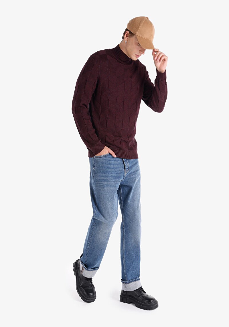 Slim Fit Turtle Neck Jakarlı Erkek Mor Kazak
