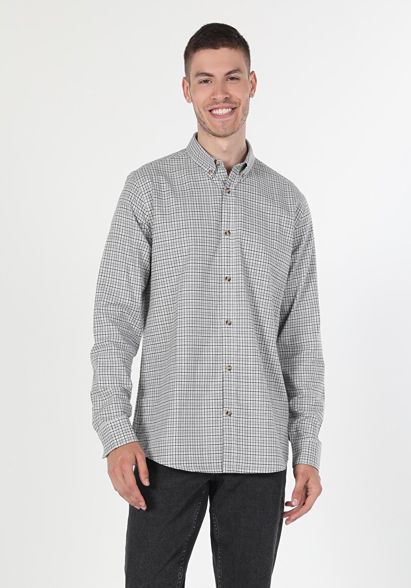 Regular Fit Shirt Neck Ekoseli Erkek Gri Uzun Kol Gömlek