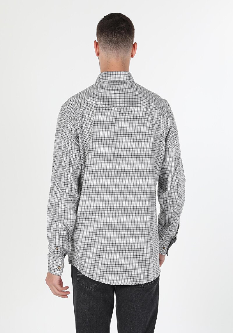 Regular Fit Shirt Neck Ekoseli Erkek Gri Uzun Kol Gömlek