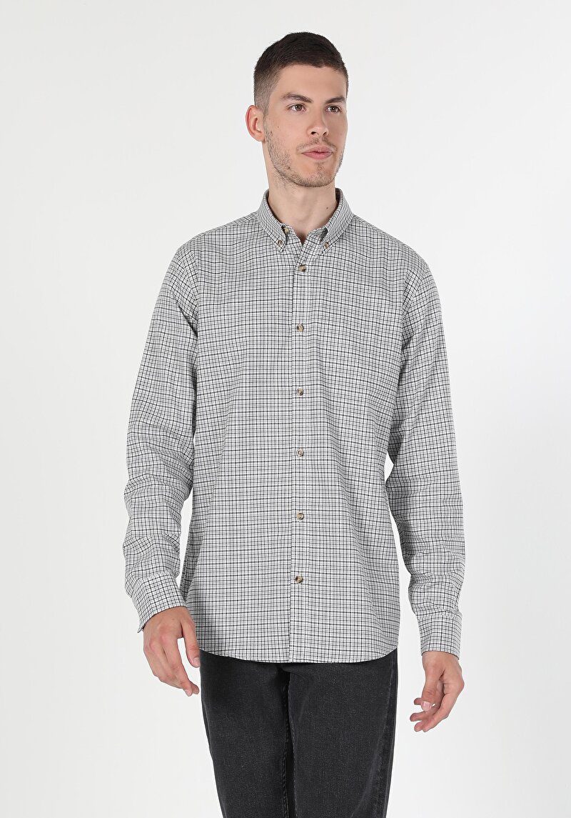 Regular Fit Shirt Neck Ekoseli Erkek Gri Uzun Kol Gömlek