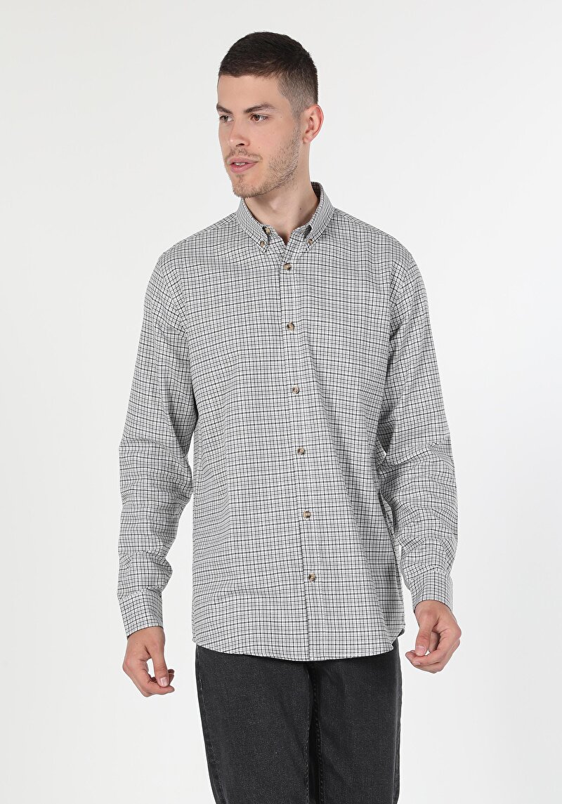 Regular Fit Shirt Neck Ekoseli Erkek Gri Uzun Kol Gömlek