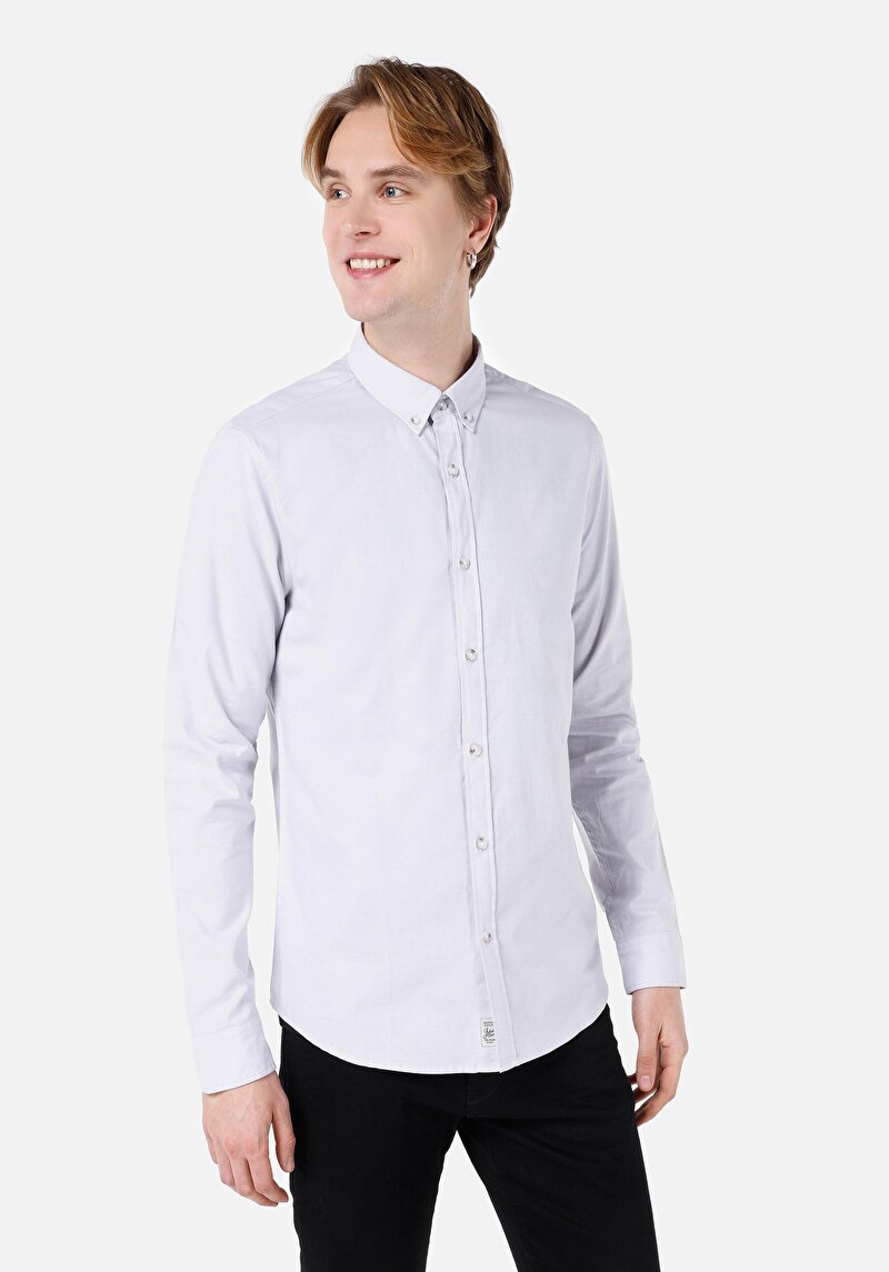 Slim Fit Shirt Neck Düz Erkek Taş Uzun Kol Gömlek