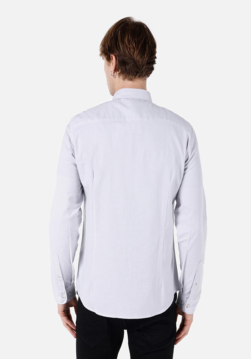 Slim Fit Shirt Neck Düz Erkek Taş Uzun Kol Gömlek