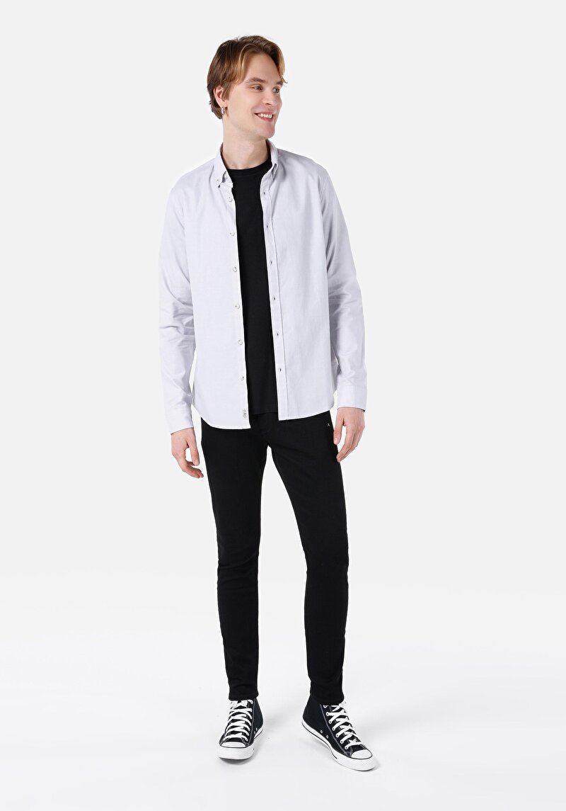 Slim Fit Shirt Neck Düz Erkek Taş Uzun Kol Gömlek
