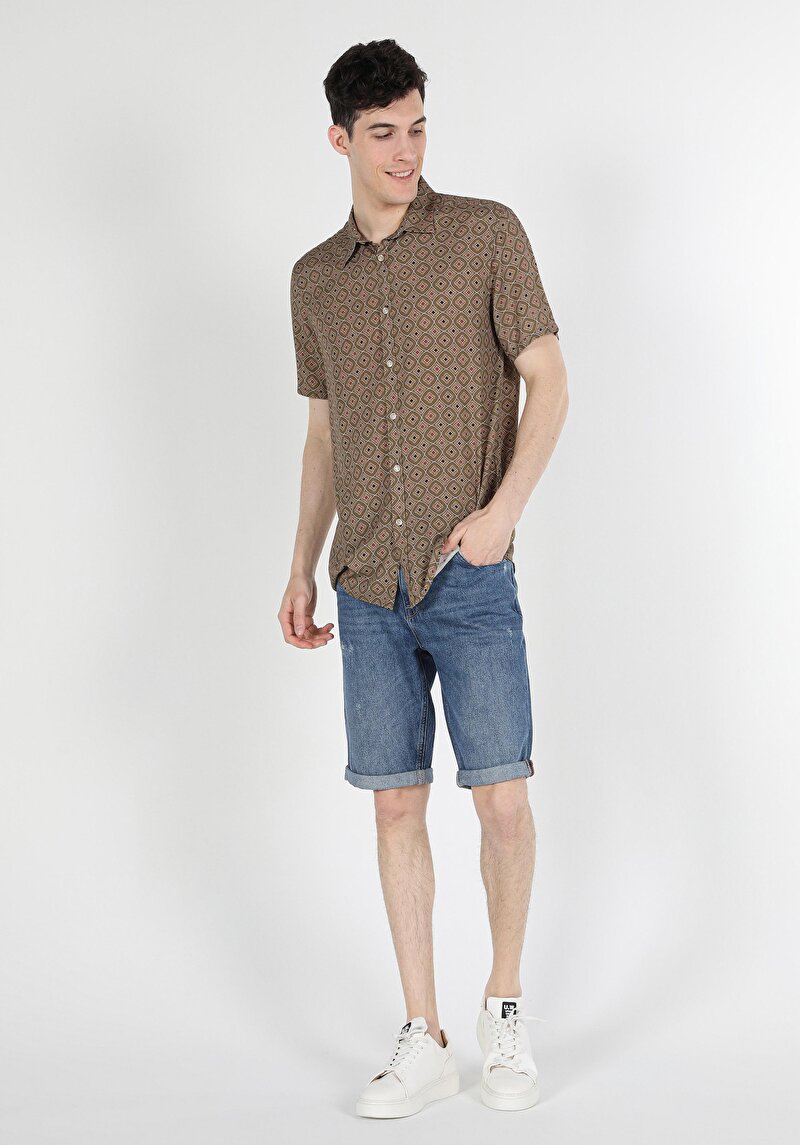 Regular Fit Shirt Neck Baskılı Erkek Bej Kısa Kol Gömlek