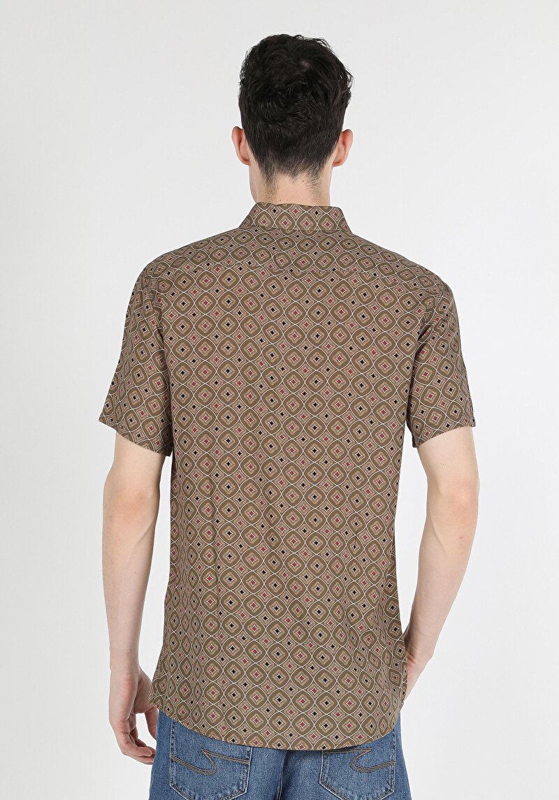 Regular Fit Shirt Neck Baskılı Erkek Bej Kısa Kol Gömlek