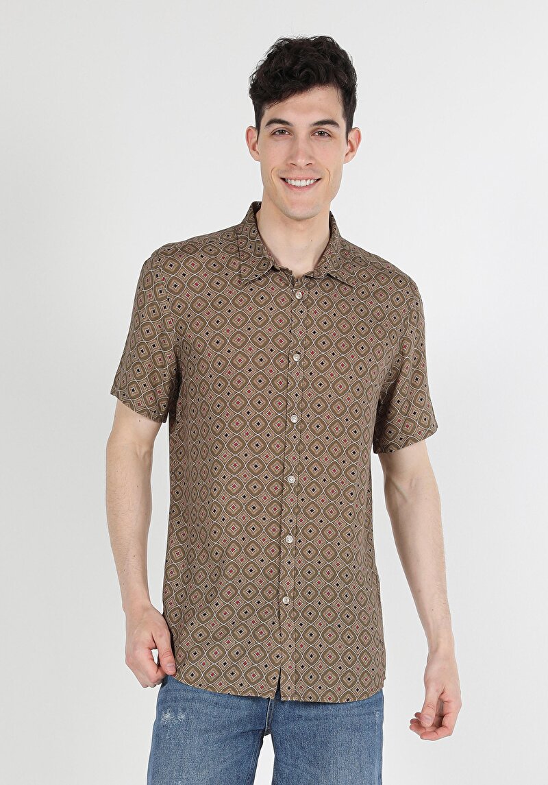 Regular Fit Shirt Neck Baskılı Erkek Bej Kısa Kol Gömlek
