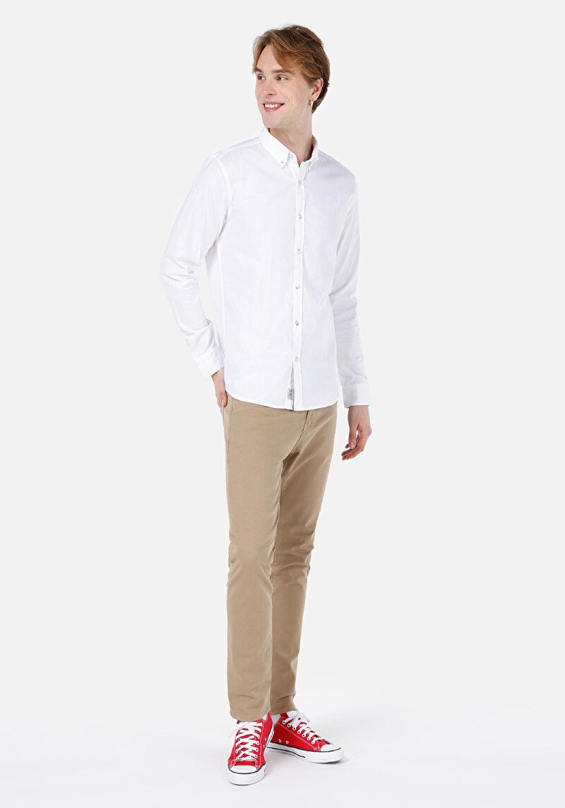 Slim Fit Shirt Neck Düz Erkek Beyaz Uzun Kol Gömlek