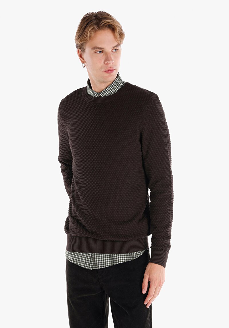 Regular Fit Yuvarlak Yaka Jakarlı Erkek Kahverengi Kazak