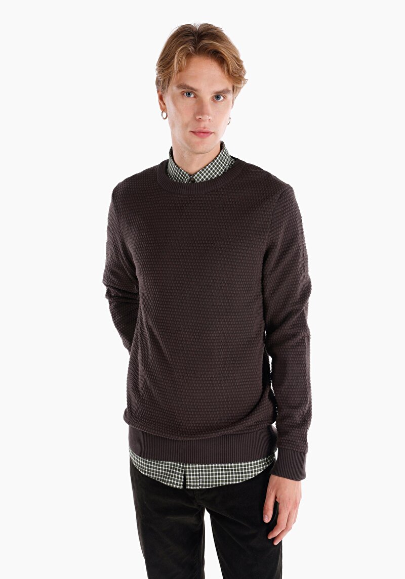 Regular Fit Yuvarlak Yaka Jakarlı Erkek Kahverengi Kazak