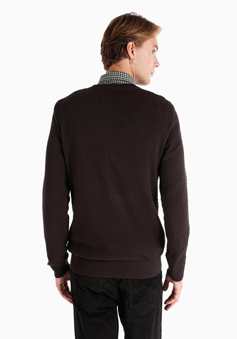 Regular Fit Yuvarlak Yaka Jakarlı Erkek Kahverengi Kazak